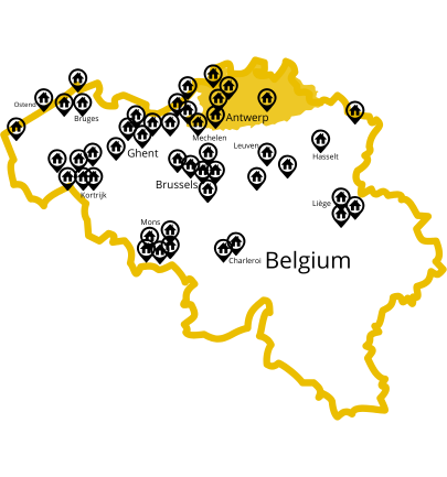 Map of Belgium highlighting the Antwerp region, showcasing Easy Work Stay accommodations.