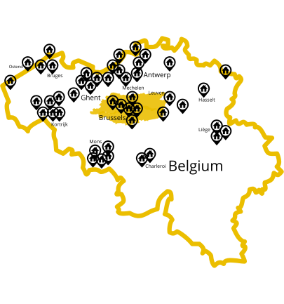Map of Belgium highlighting Brussels and its surrounding areas, showing Easy Work Stay accommodation locations.