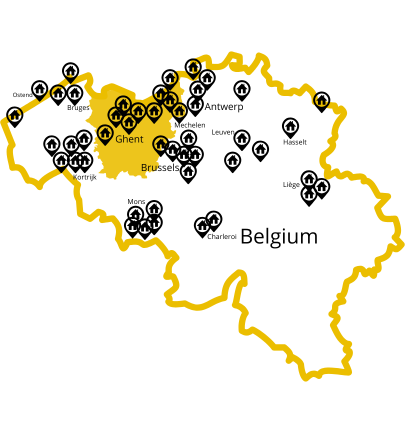 Map of Belgium highlighting East Flanders, with Ghent as a key destination for Easy Work Stay accommodations.