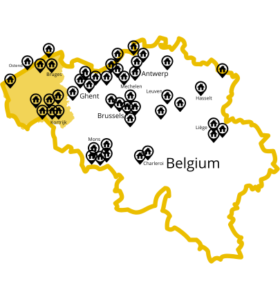 Map of Belgium showing Easy Work Stay accommodation locations, with West Flanders highlighted in yellow.