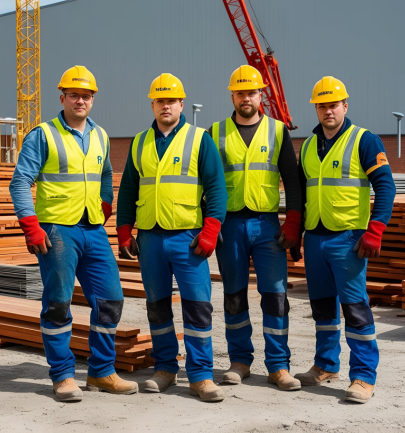 A group of construction workers in safety gear standing at a job site in West Flanders.